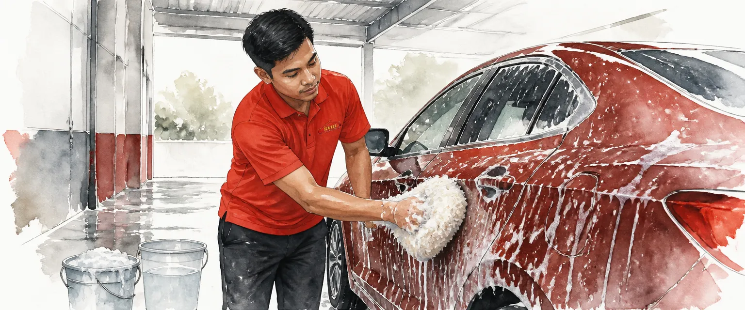 Watercolour illustration of a technician washing a dark red car with a mitt beside two buckets in a wash bay.