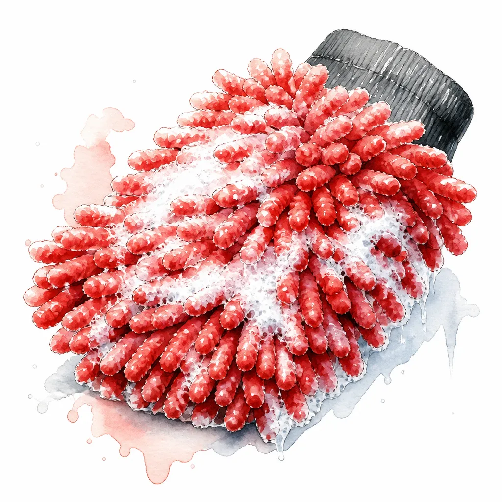 Watercolour close-up of a plush chenille wash mitt covered in suds.