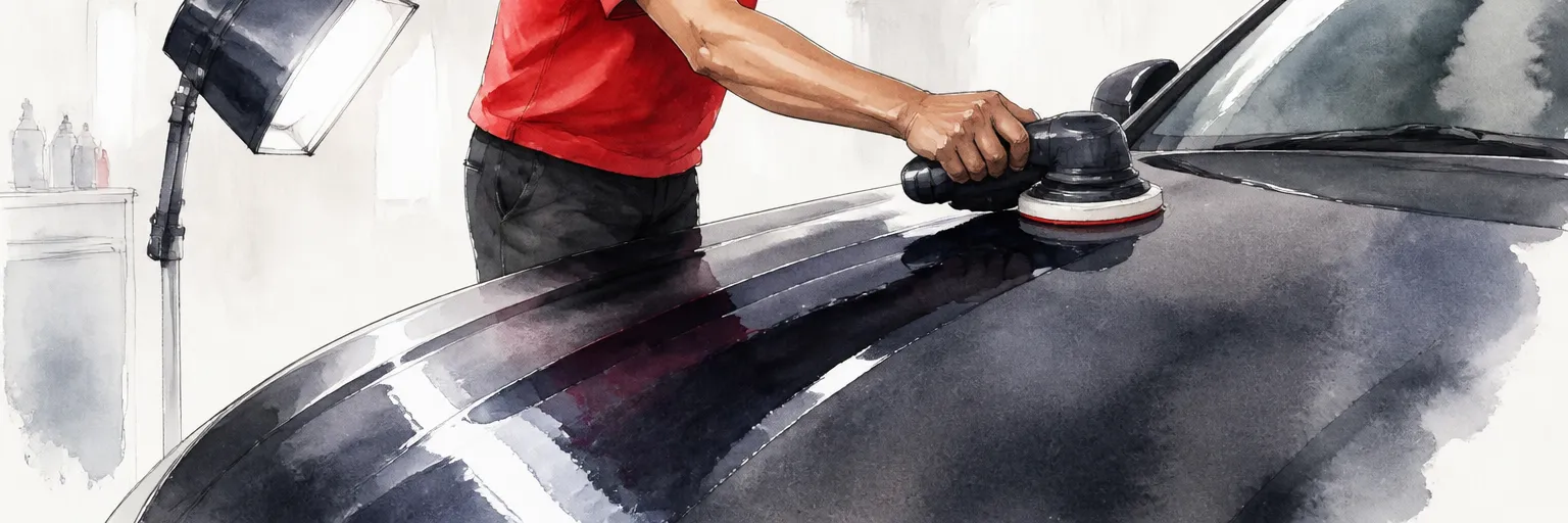 Watercolour close-up of an arc of deep gloss cut through hazy paint on a dark bonnet.