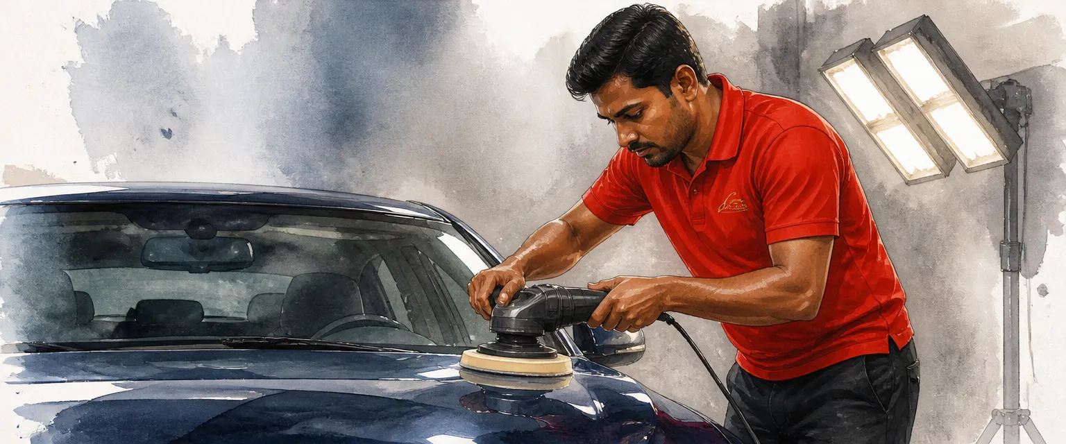 Watercolour illustration of a technician machine polishing a midnight blue bonnet under inspection lamps.