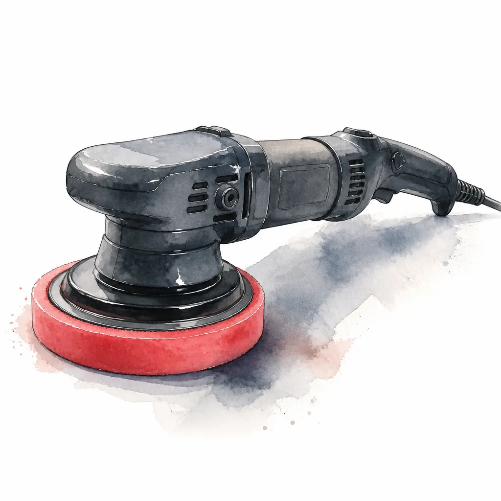 Watercolour close-up of a dual-action polisher with a foam pad.