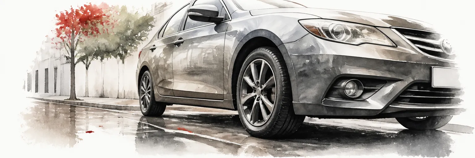 Watercolour illustration of freshly dressed satin black tyres on a car parked on a wet street.