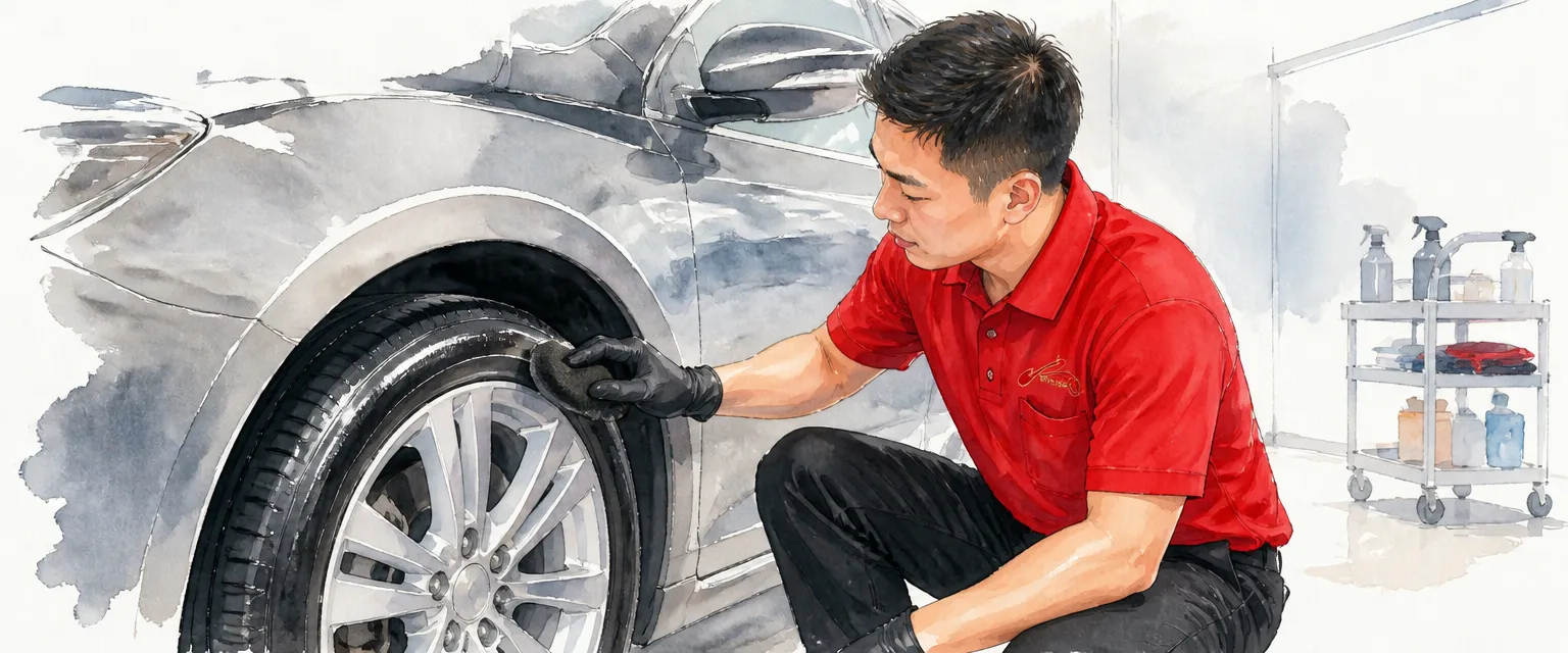 Watercolour illustration of a technician dressing a tyre sidewall with a foam applicator in a grooming bay.