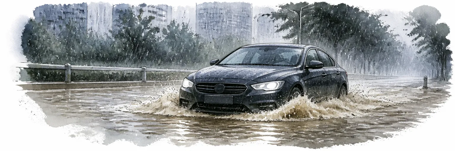 Watercolour illustration of a dark car crossing a flooded road in a heavy Singapore downpour.