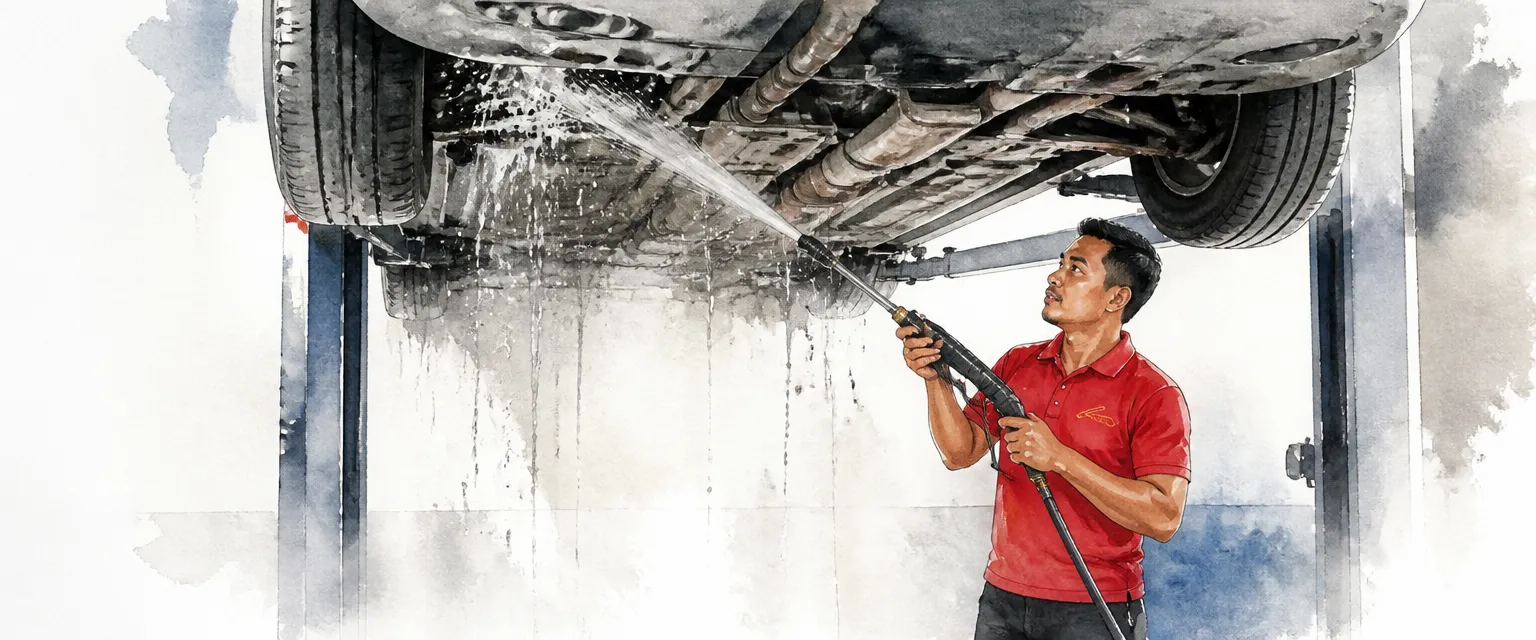 Watercolour illustration of a technician rinsing the underbody of a car raised on a workshop lift.