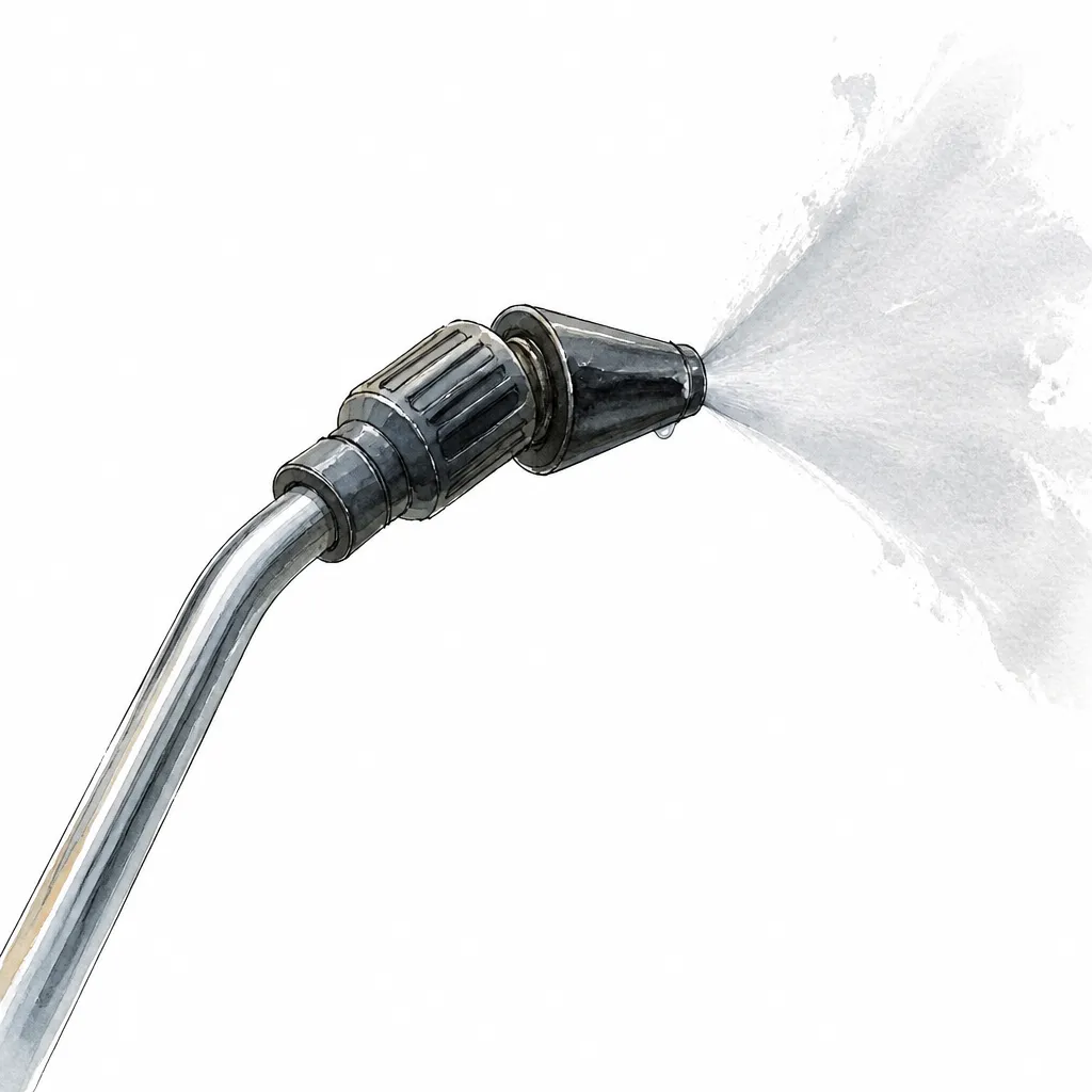 Watercolour close-up of a pressure washer lance with an angled nozzle.