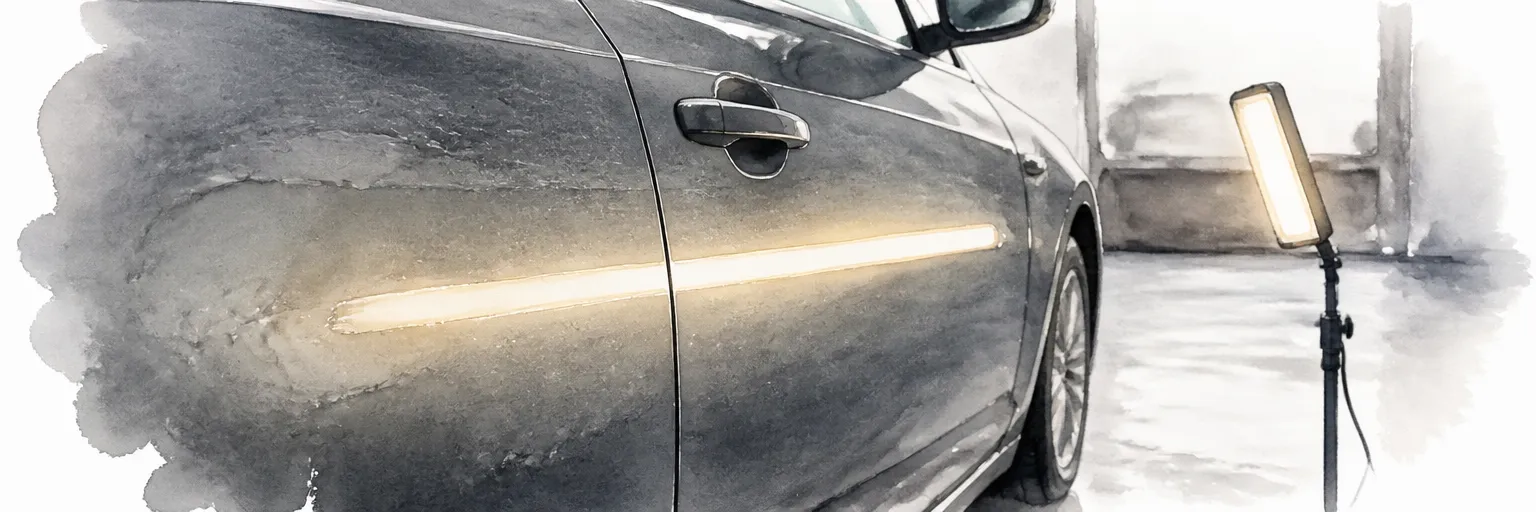 Watercolour close-up of raking light revealing small imperfections along a used car's flank.
