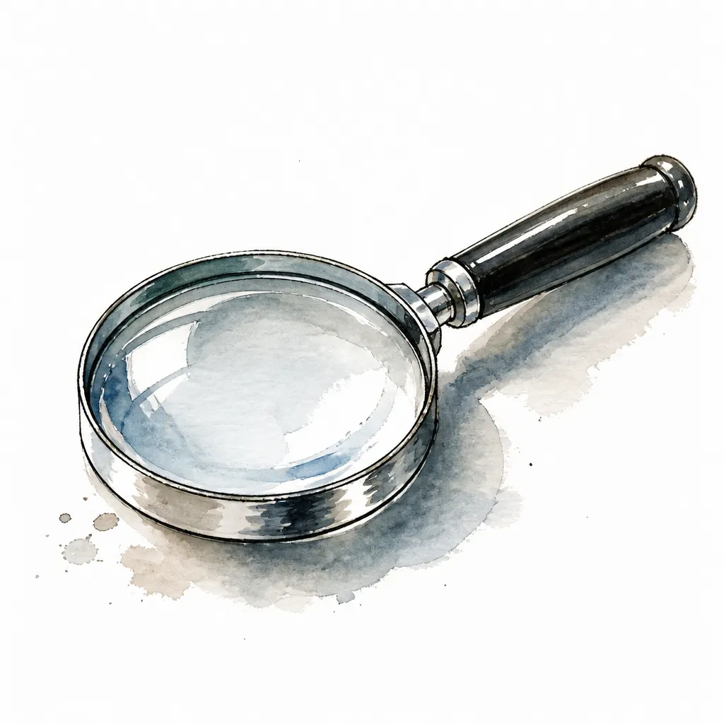 Watercolour close-up of a magnifying glass with a dark handle.