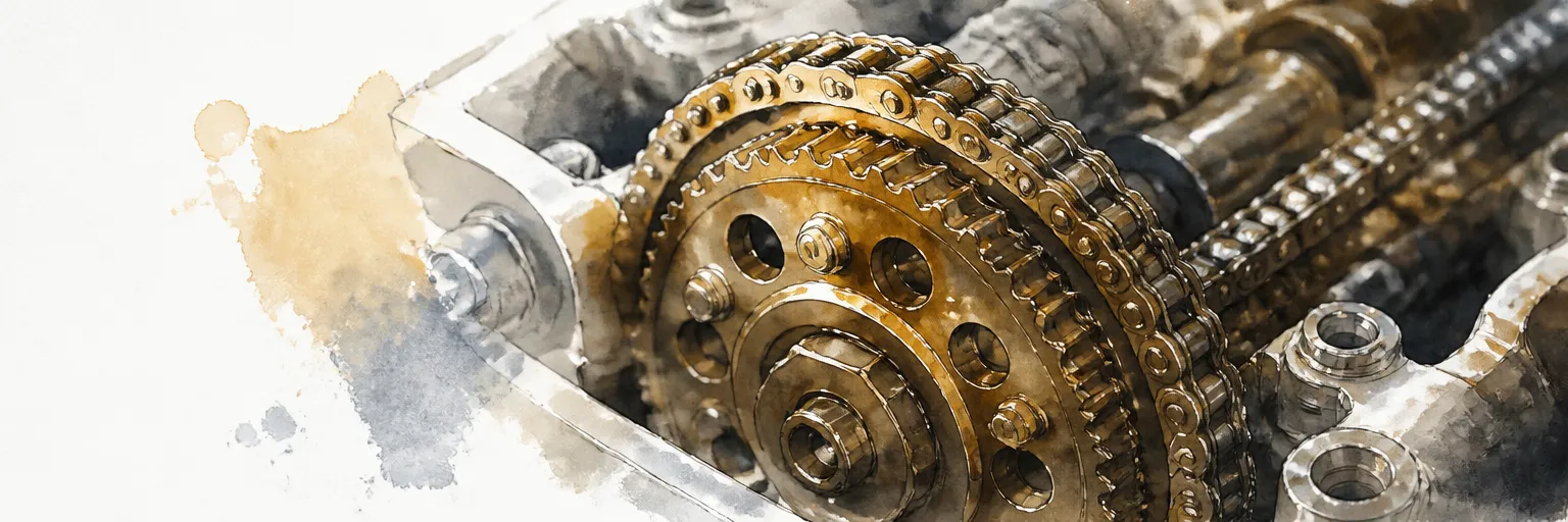 Watercolour close-up of an oily camshaft adjuster sprocket inside an engine.