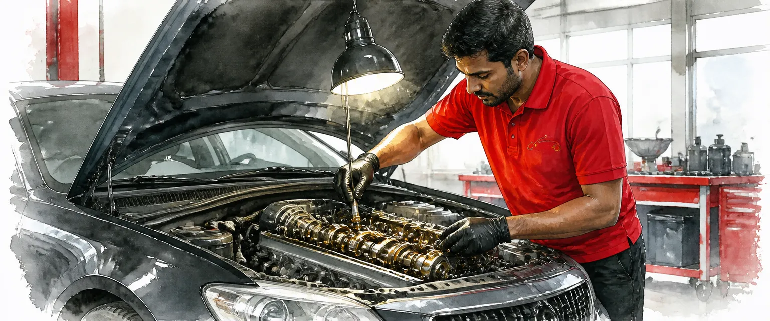 Watercolour illustration of a technician working over the open valve cover of a European saloon.