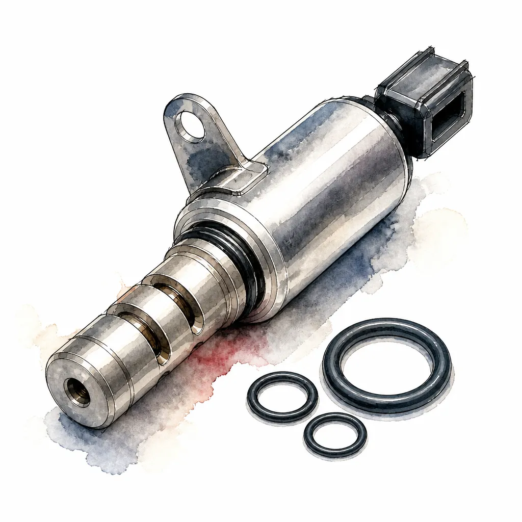 Watercolour close-up of a variable valve timing solenoid with its connector and seals.