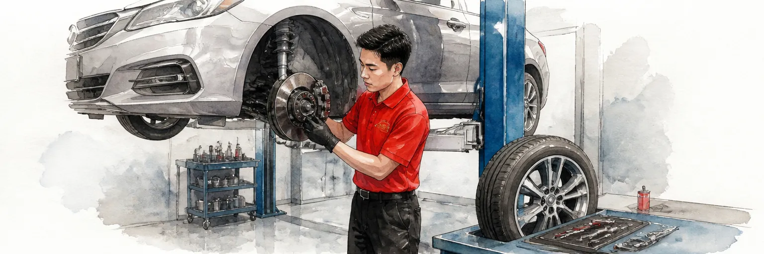 Watercolour illustration of a technician checking the brakes of a lifted car with one wheel removed.