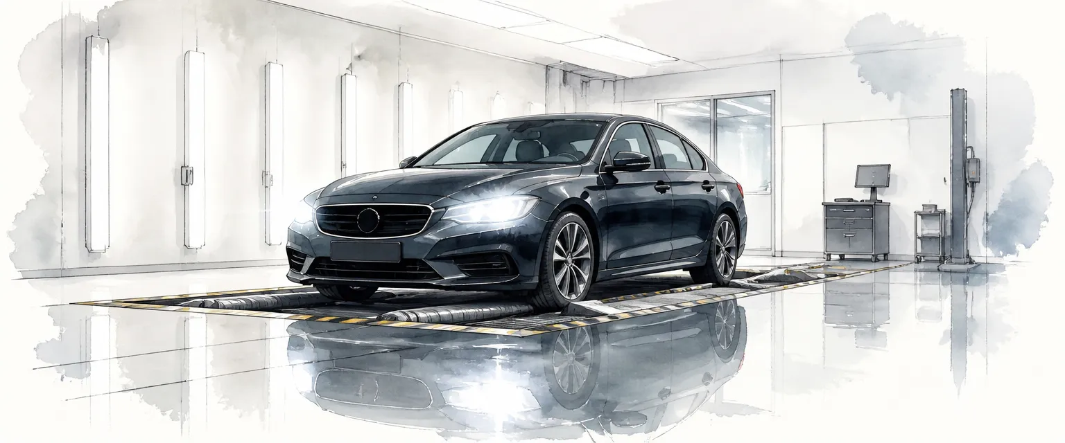 Watercolour illustration of a dark saloon on a roller test bed in a bright inspection lane.