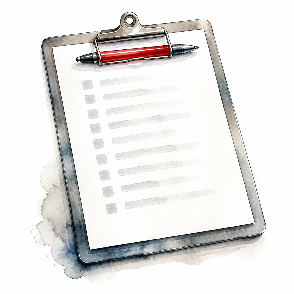 Watercolour close-up of a clipboard holding an abstract checklist sheet.