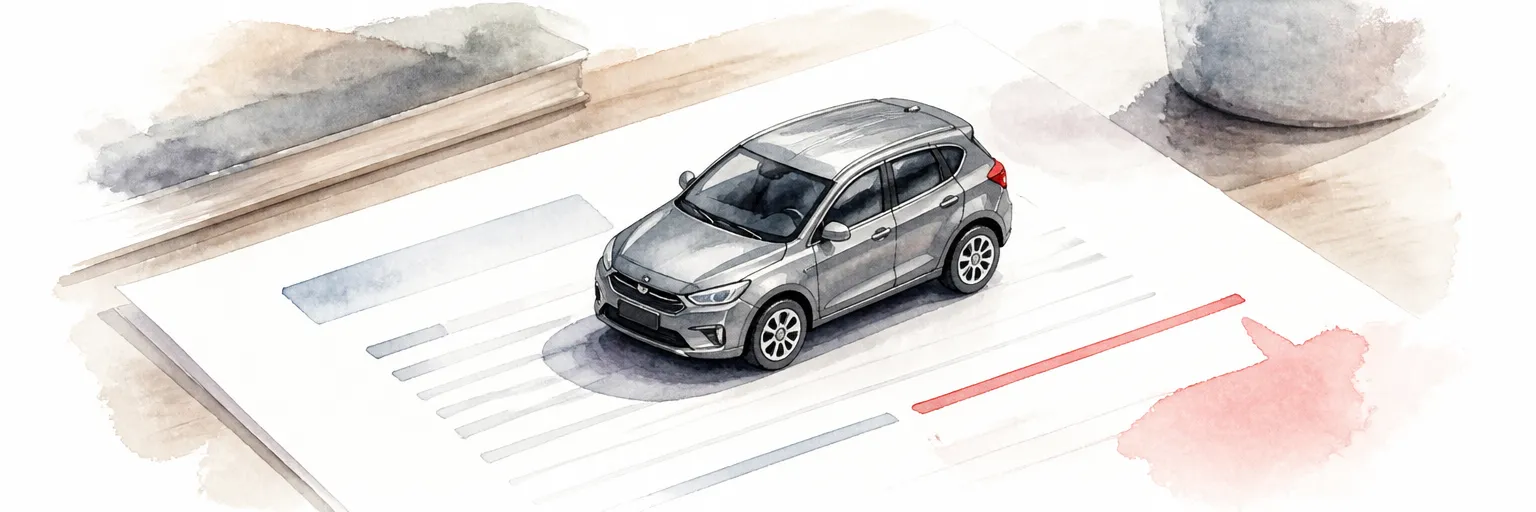 Watercolour illustration of a toy car parked on an abstract document sheet on a desk.