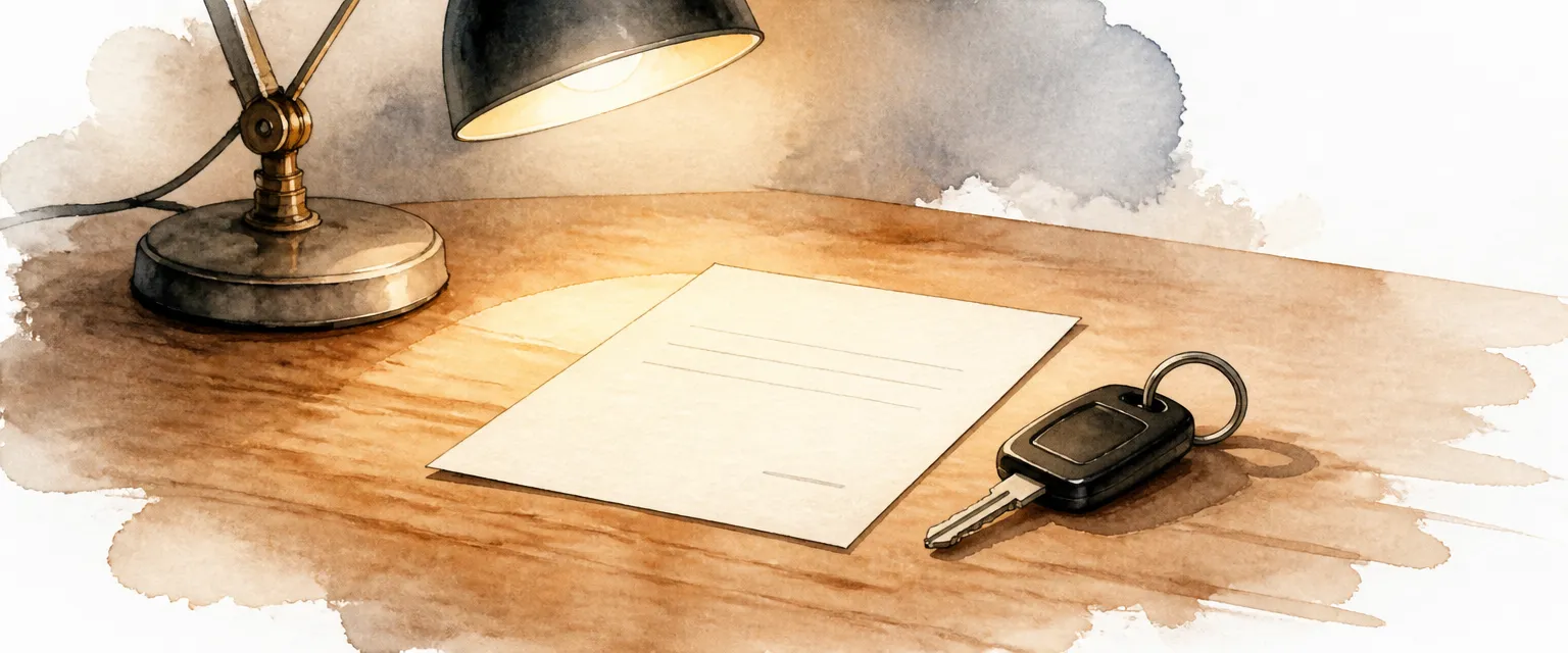 Watercolour illustration of a pale card-like document beside a car key under a reading lamp.