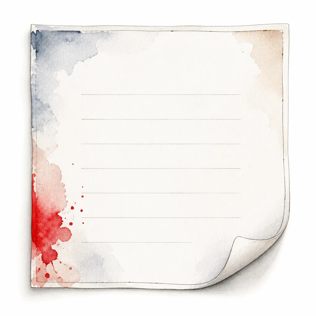 Watercolour close-up of a pale card-like sheet with faint placeholder lines.