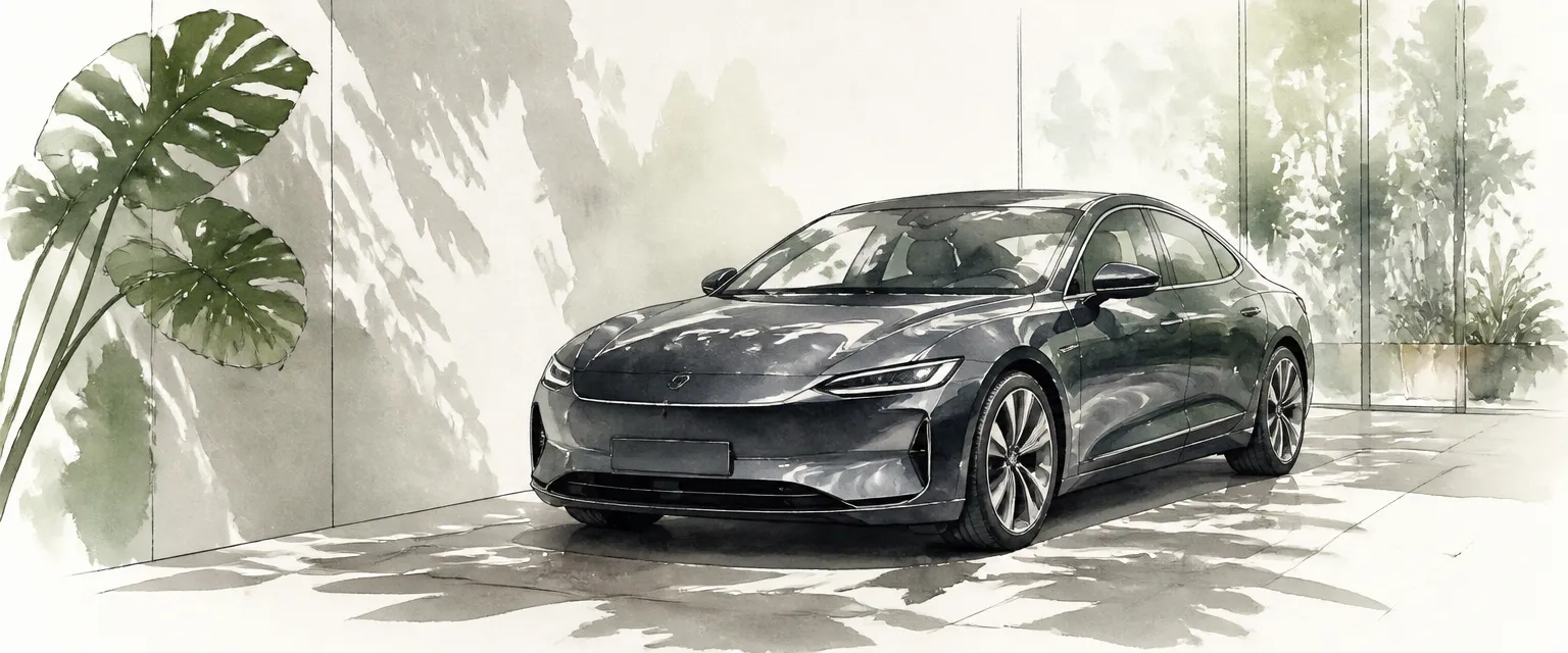 Watercolour illustration of a dark car in a showroom with leafy plant shadows across its bonnet.