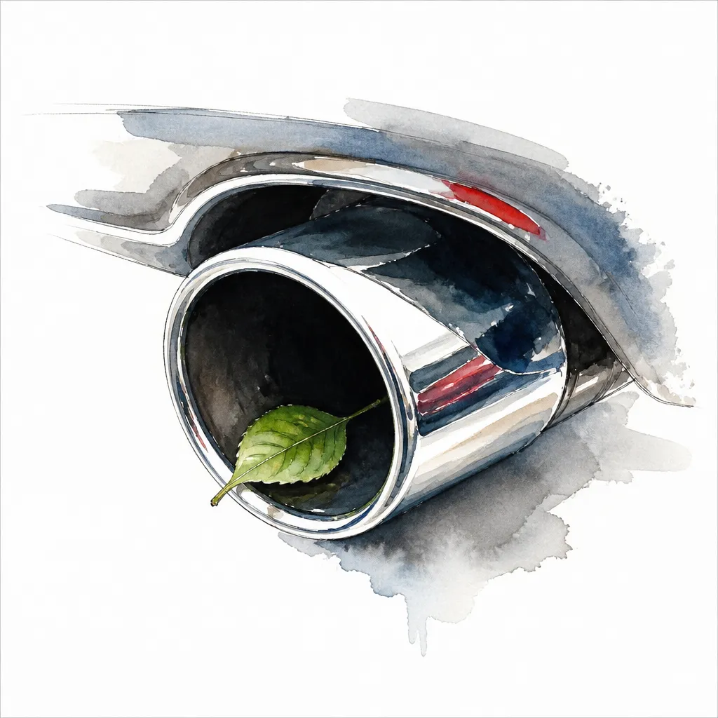 Watercolour close-up of a chrome exhaust tip with a green leaf resting inside it.