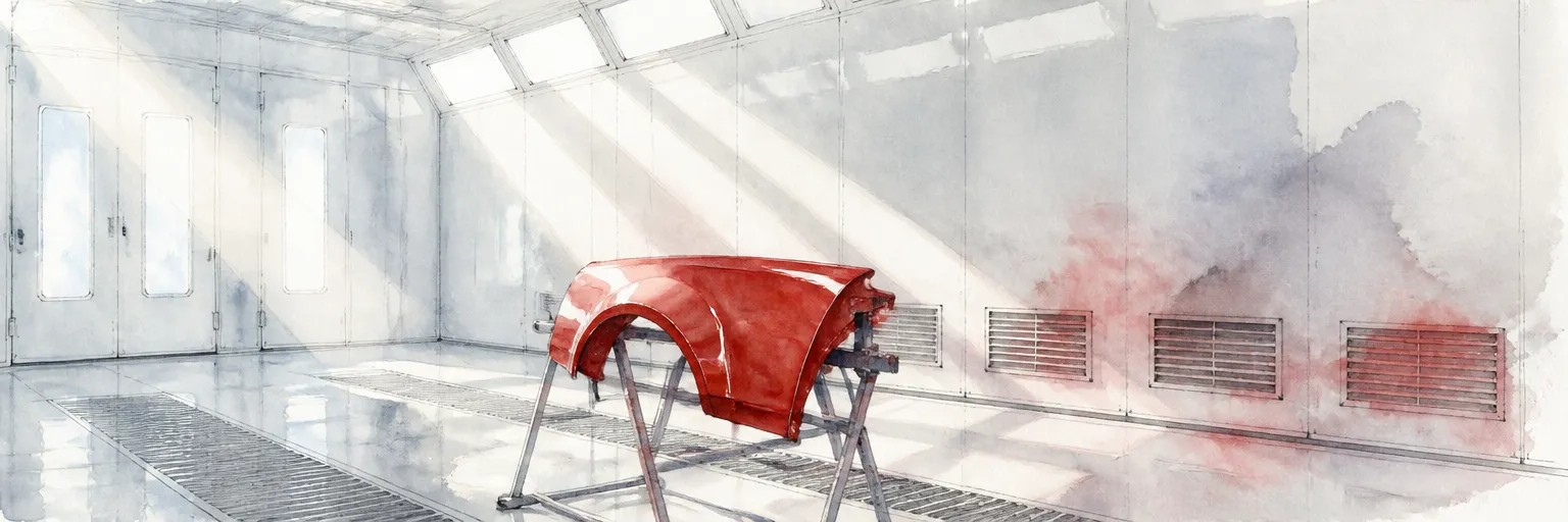 Watercolour illustration of paint mist drifting through shafts of light toward spray booth vents.
