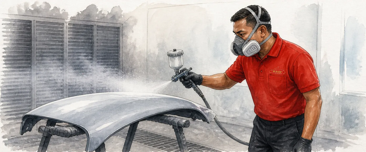 Watercolour illustration of a technician in a respirator spraying a panel as mist drifts toward booth vents.