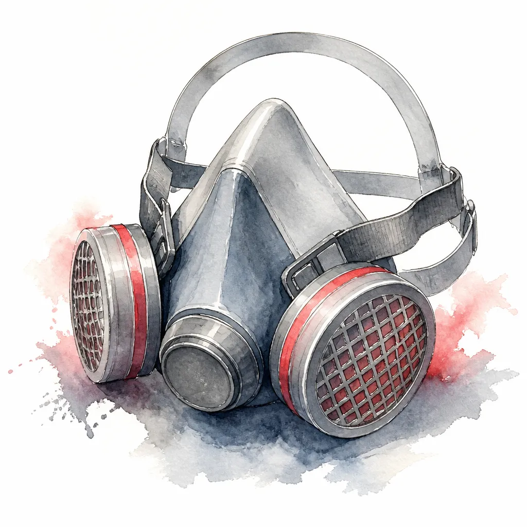 Watercolour close-up of a half-mask respirator with twin filters.
