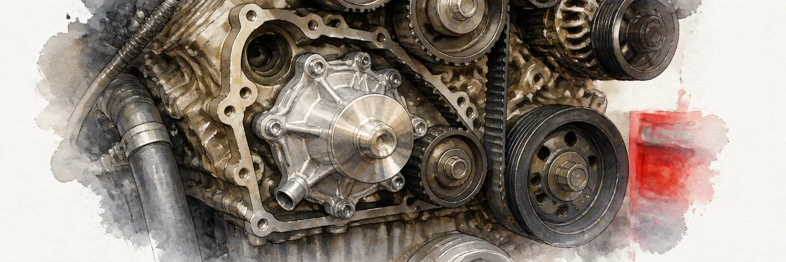 Watercolour close-up of a new water pump bolted among the belts and pulleys of an engine.
