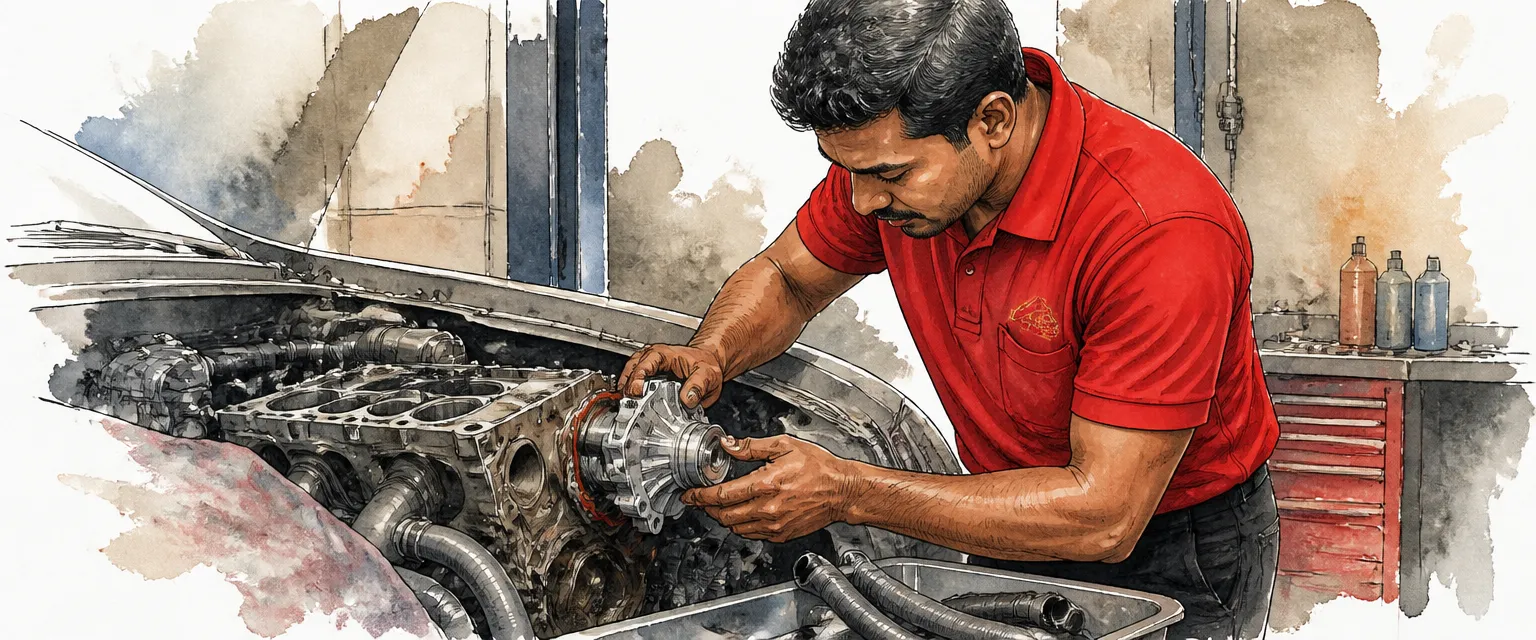 Watercolour illustration of a technician fitting a new water pump to the front of an engine.