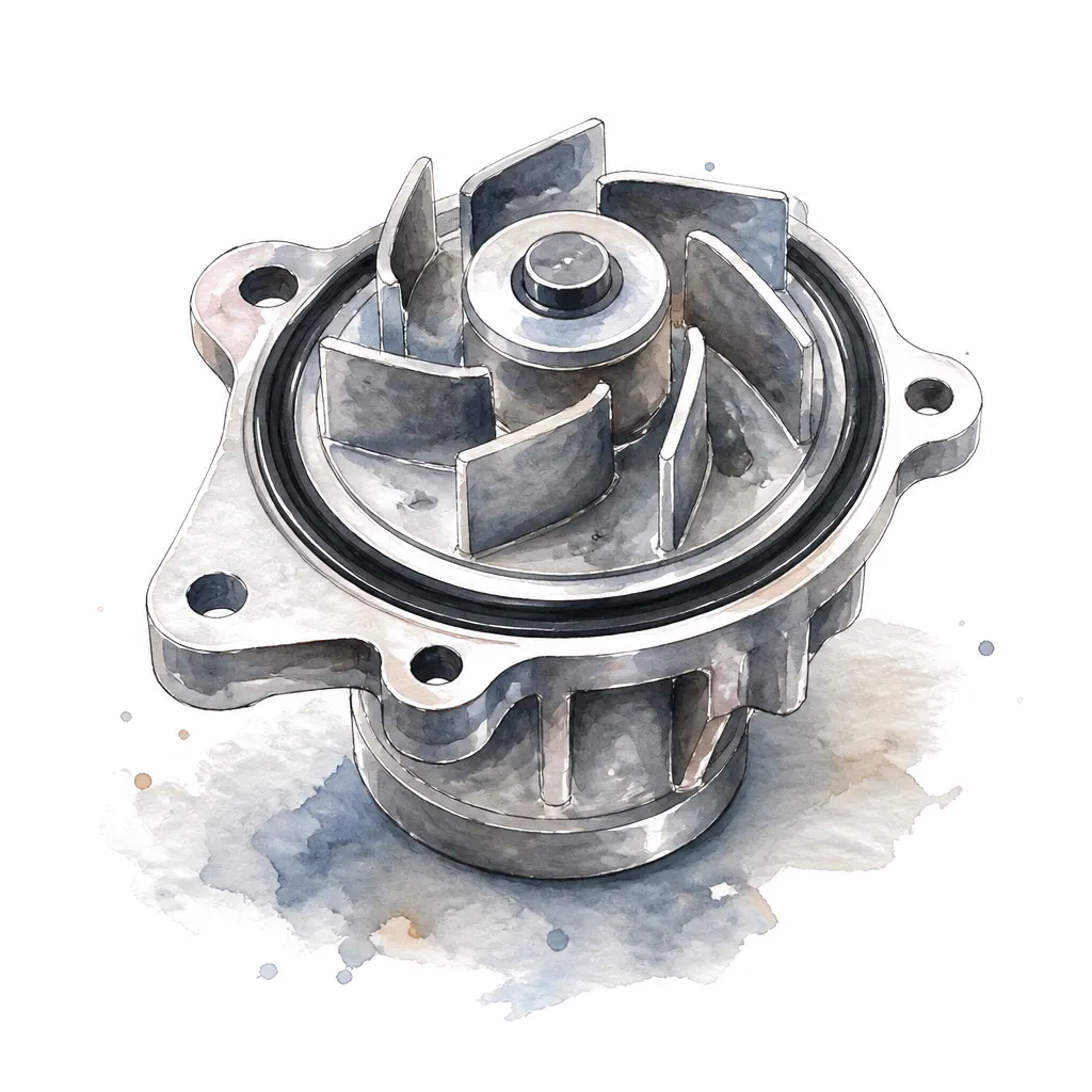 Watercolour close-up of a water pump with its finned impeller facing up.