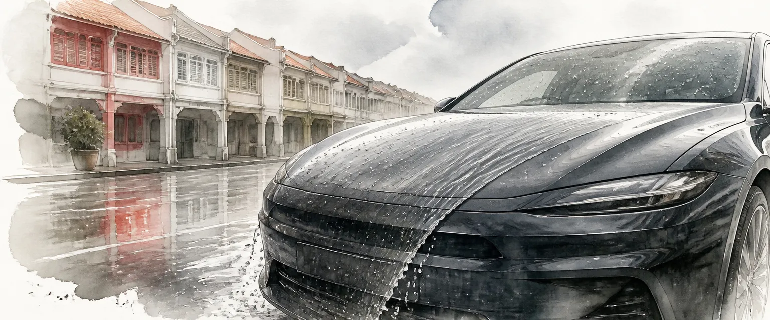 Watercolour illustration of rainwater sliding off a coated bonnet in one continuous glassy sheet.
