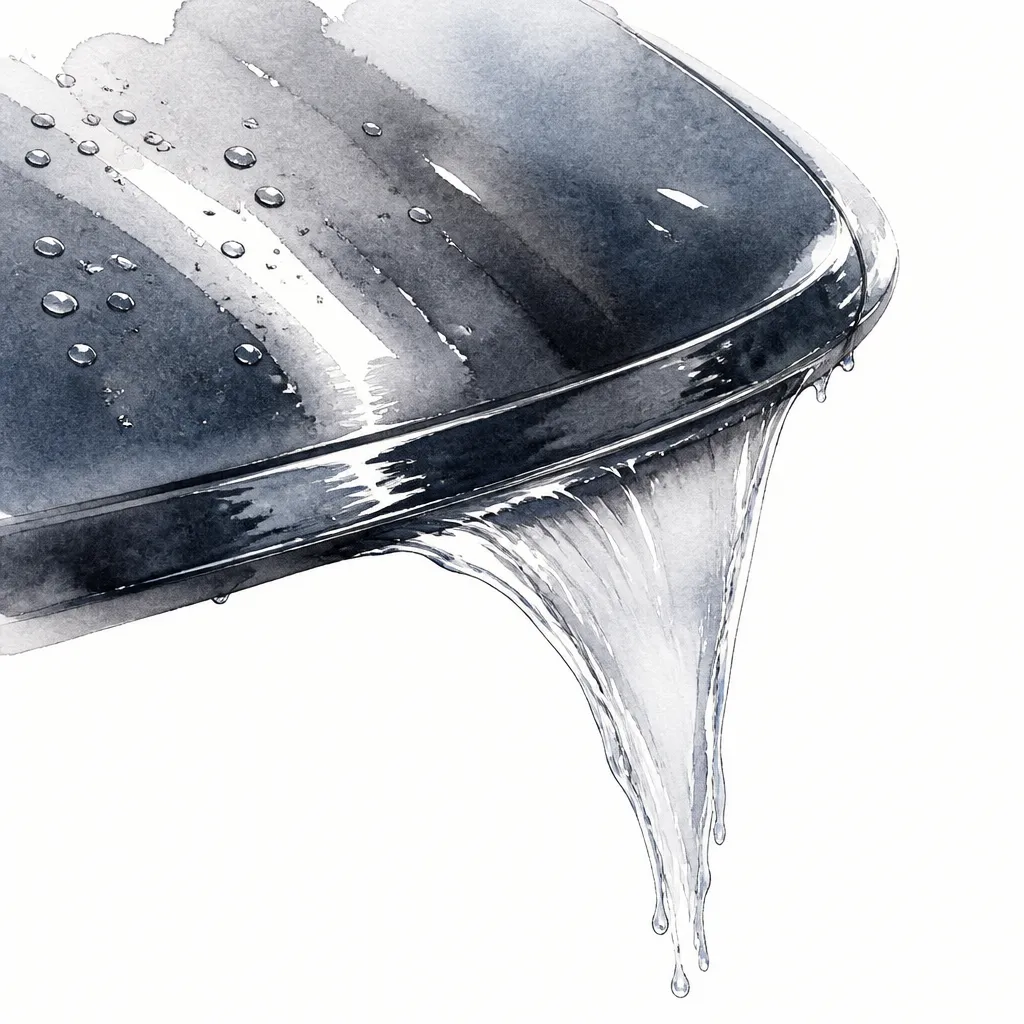 Watercolour close-up of water sheeting off the edge of a glossy dark panel fragment.