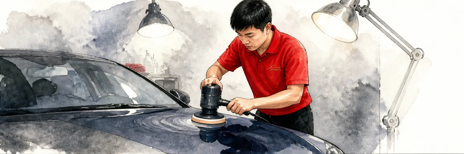 Watercolour illustration of a technician polishing etched water spot rings out of a dark bonnet.