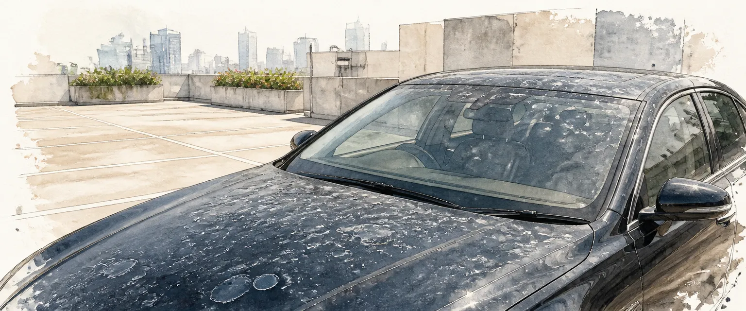 Watercolour illustration of pale mineral rings baked onto the bonnet of a dark car under fierce sun.