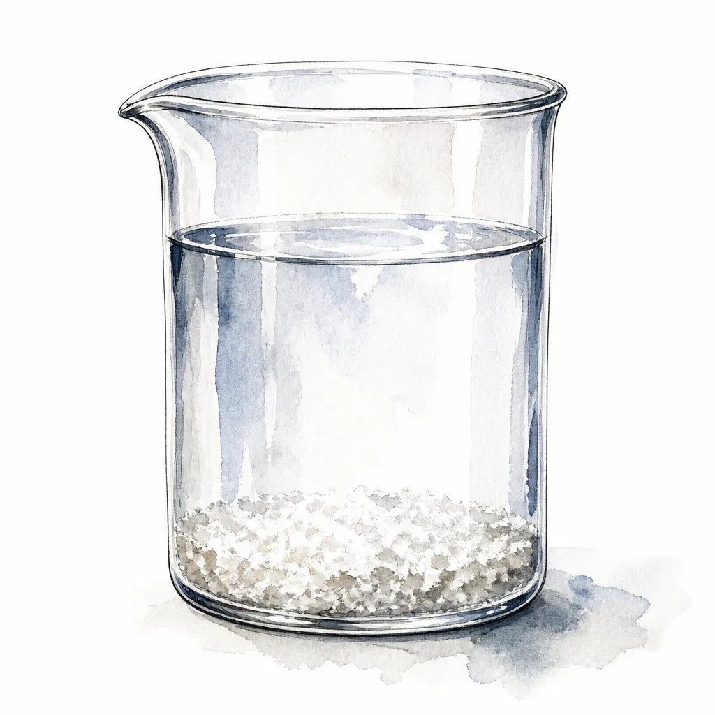 Watercolour close-up of a glass beaker of hard water with chalky sediment at its base.