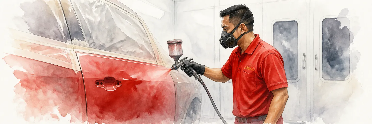 Watercolour illustration of a technician spraying waterborne basecoat across a car door in a booth.