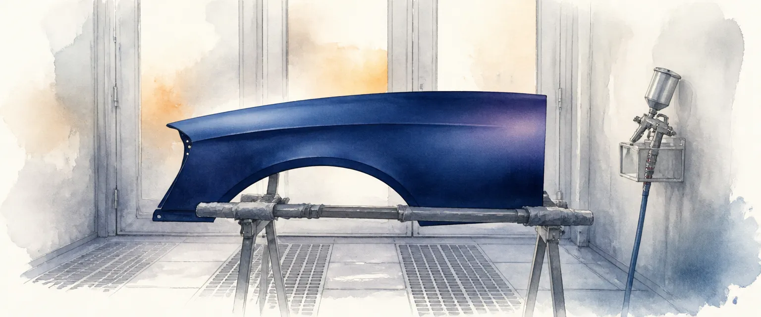 Watercolour illustration of a freshly sprayed blue wing panel drying inside a spray booth.
