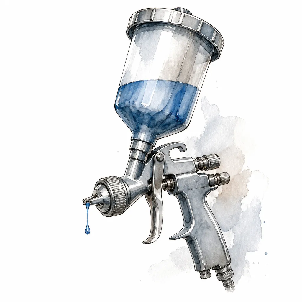 Watercolour close-up of a gravity-feed spray gun with blue paint at the nozzle.