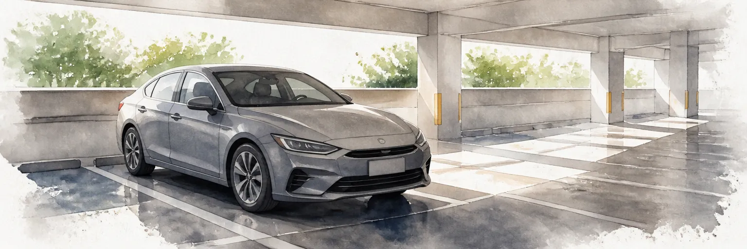 Watercolour illustration of a car with a fine dust film parked in a sheltered multi-storey car park.