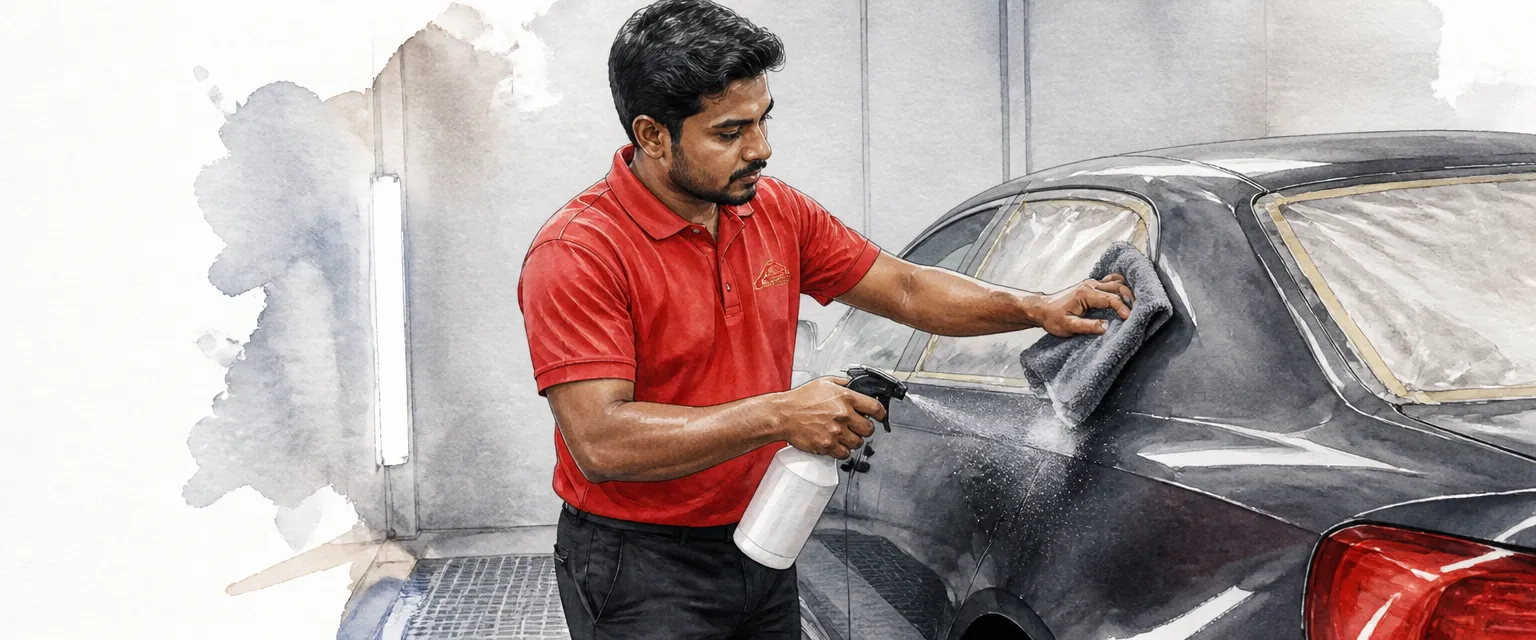 Watercolour illustration of a technician misting and wiping a lightly dusty panel with a microfibre towel.