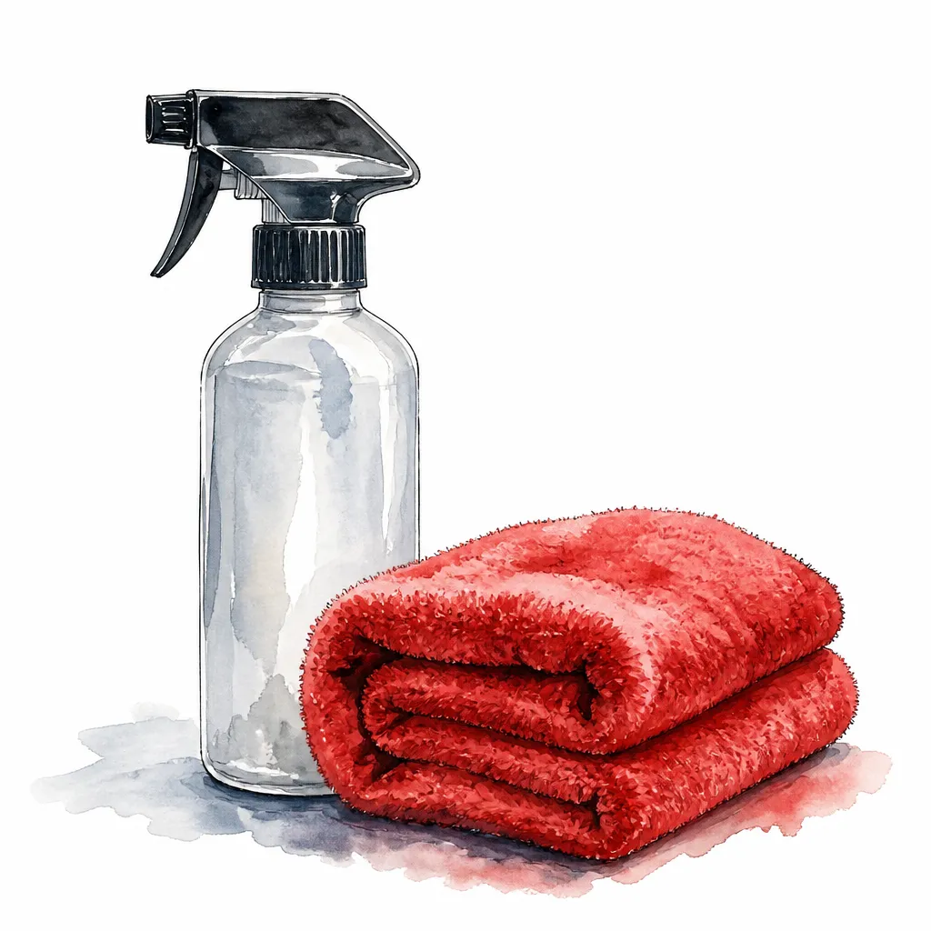 Watercolour close-up of a spray bottle beside a folded plush microfibre towel.