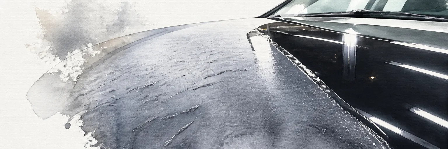 Watercolour close-up of a wet-sanded matte surface turning to mirror gloss along a painted bonnet.