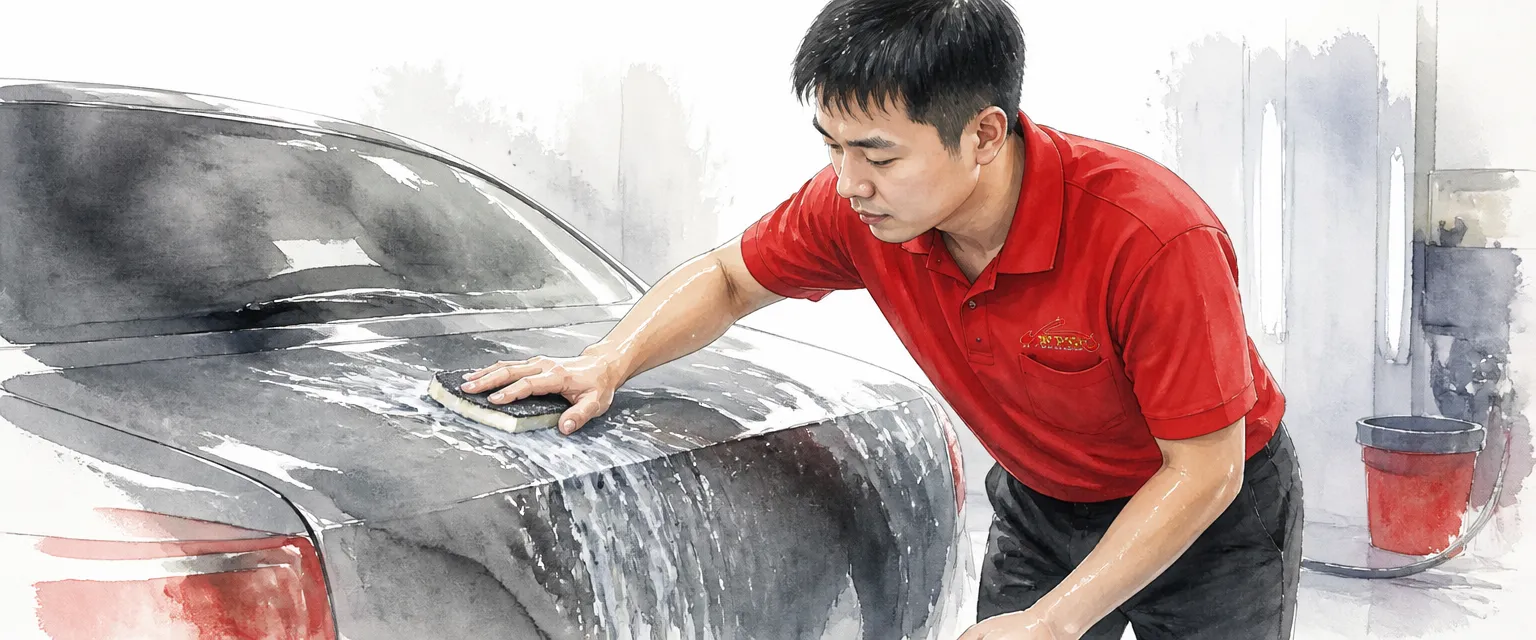 Watercolour illustration of a technician wet sanding a cured clear coat with milky slurry on the panel.