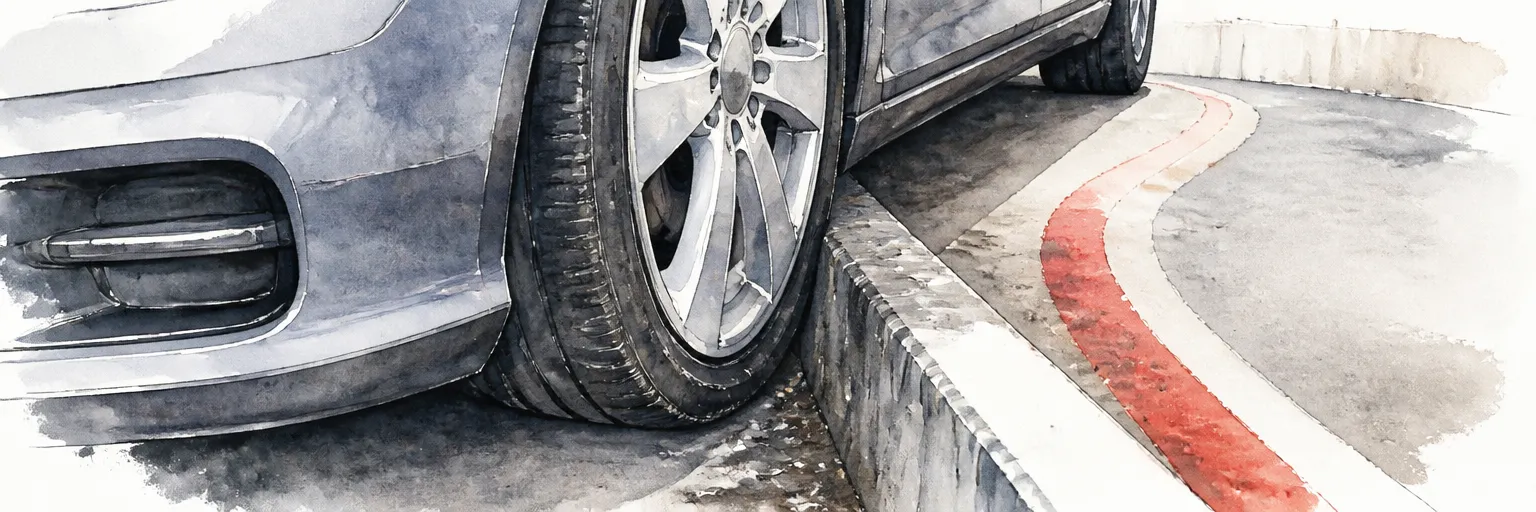 Watercolour illustration of a front tyre pressed against a concrete kerb in a tight car park.