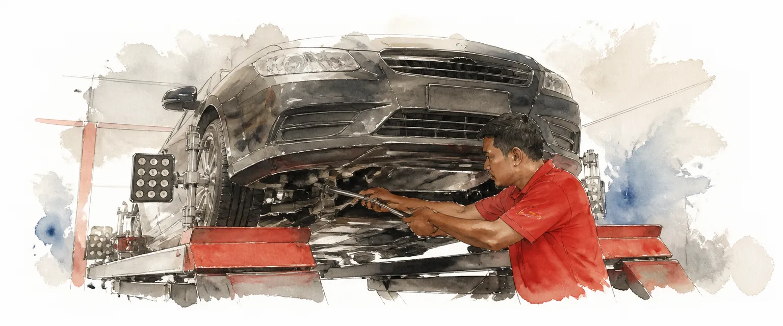 Watercolour illustration of a technician adjusting a car on an alignment rack fitted with wheel targets.