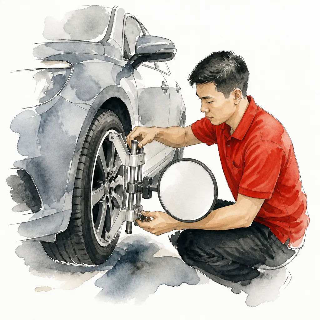 Watercolour close-up of a wheel alignment clamp with its round target disc.