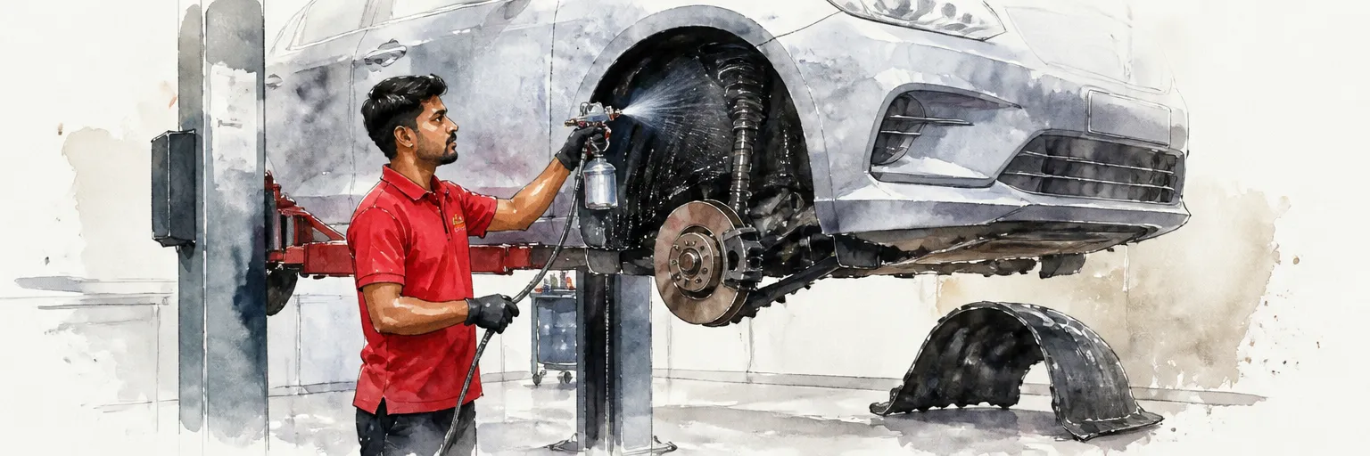 Watercolour illustration of a technician spraying protective coating inside an open wheel arch.