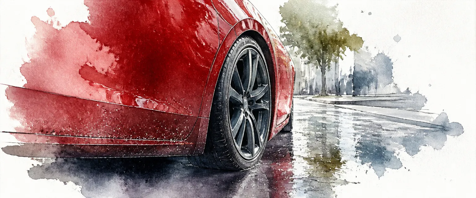 Watercolour illustration of the glossy wheel arch of a deep red car on a wet street.