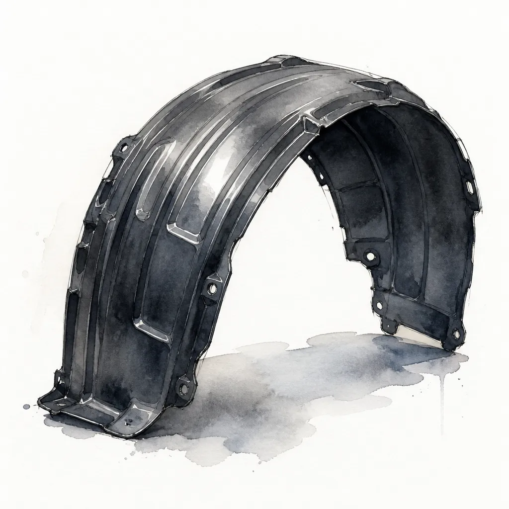 Watercolour close-up of a curved black plastic wheel arch liner.