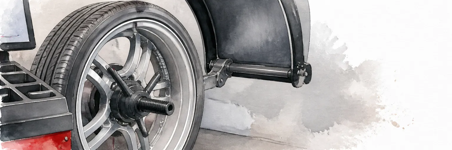 Watercolour close-up of adhesive weights fitted inside the barrel of an alloy wheel on a balancer.