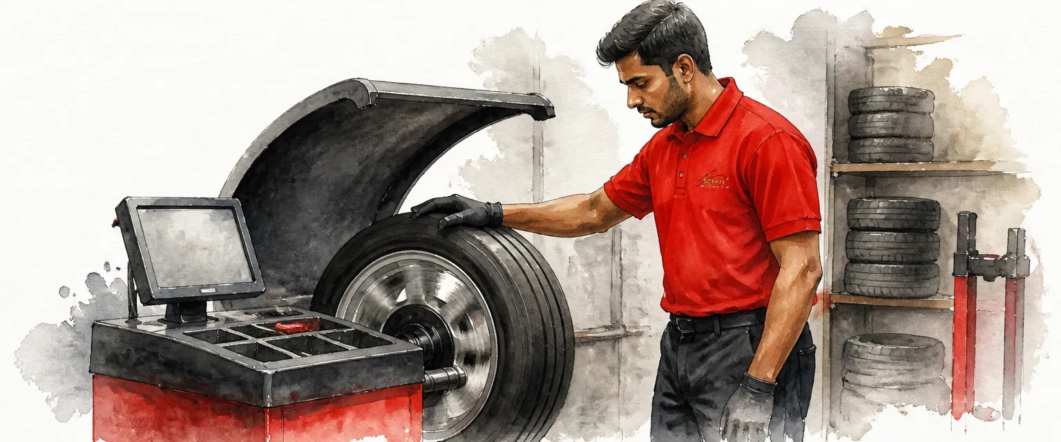 Watercolour illustration of a technician at a wheel balancing machine with an alloy wheel spinning down.